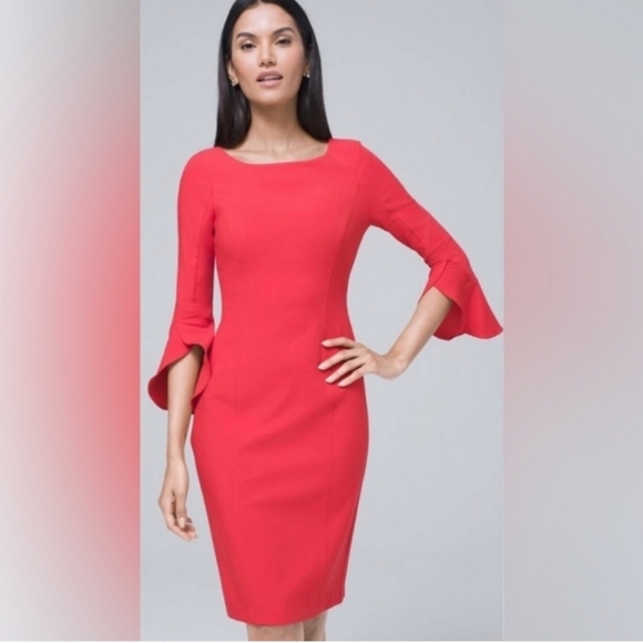 WHBM- tulip sleeve red dress, fitted with stretch,  lined - Picture 1 of 8